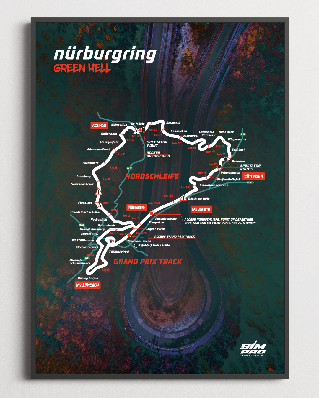 NÜRBURGRING NORDSCHLEIFE "GREEN HELL" MAPA ZAKRĘTÓW - A3 (29,7 x 42 cm)